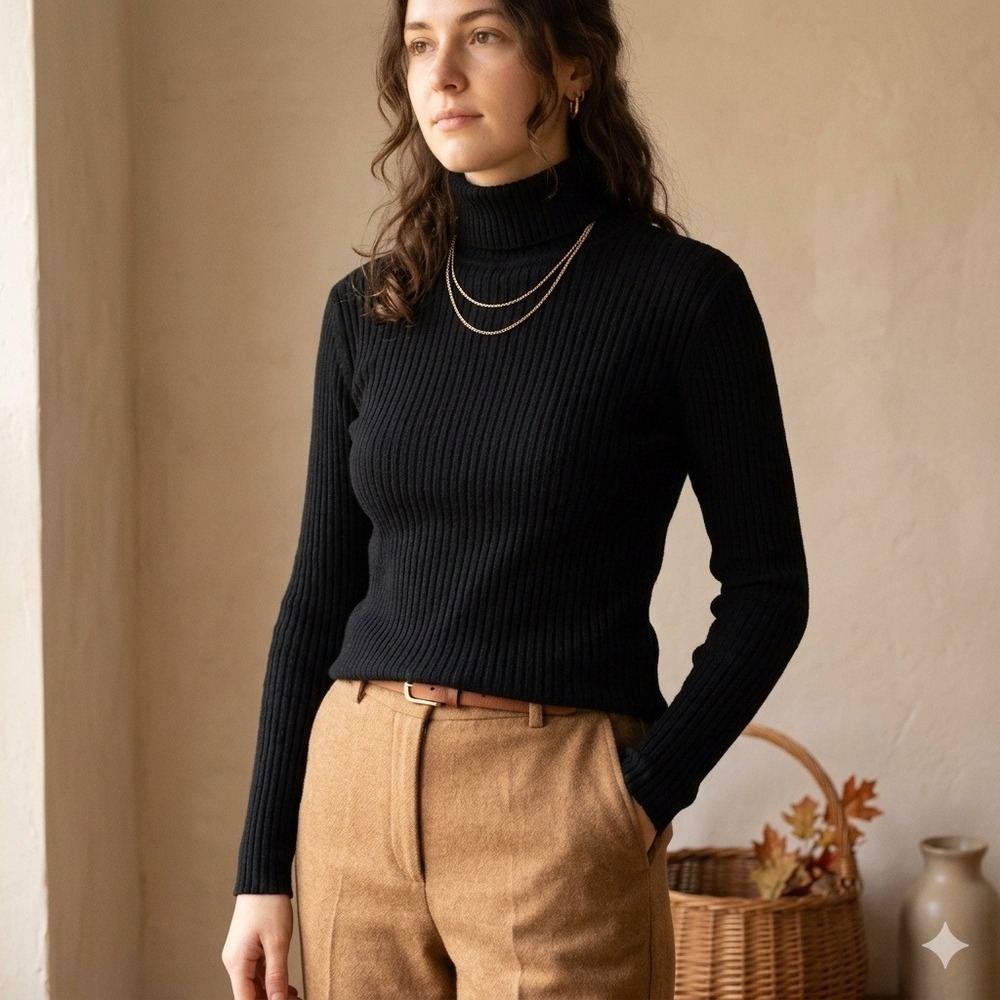 Autumn Cashmere Sweater Womens Large Black Ribbed Turtleneck Pure Cashmere